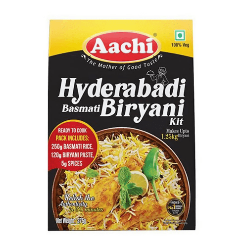 Aachi Hyderabadi Basmati Biryani Kit ready to cook, featuring rice, spices, and seasoning in a colorful package.