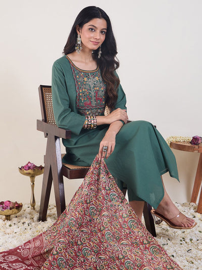 Dhiyona IE Ethnic Motifs Embroidered Thread Work Straight Kurta With Trouser & Dupatta