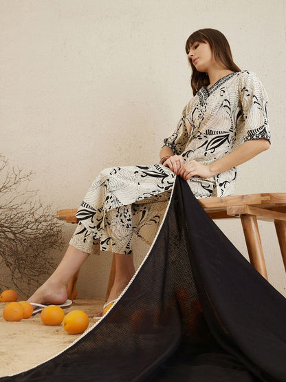 Women Ethnic Motifs Printed Regular Thread Work Pure Cotton Kurta with Trousers & With Dupatta