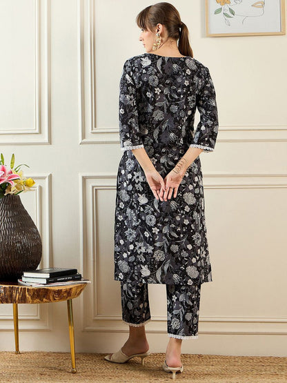 Indyancart IE Floral Printed Notched Neck Pure Cotton Straight Tunic With Trouser