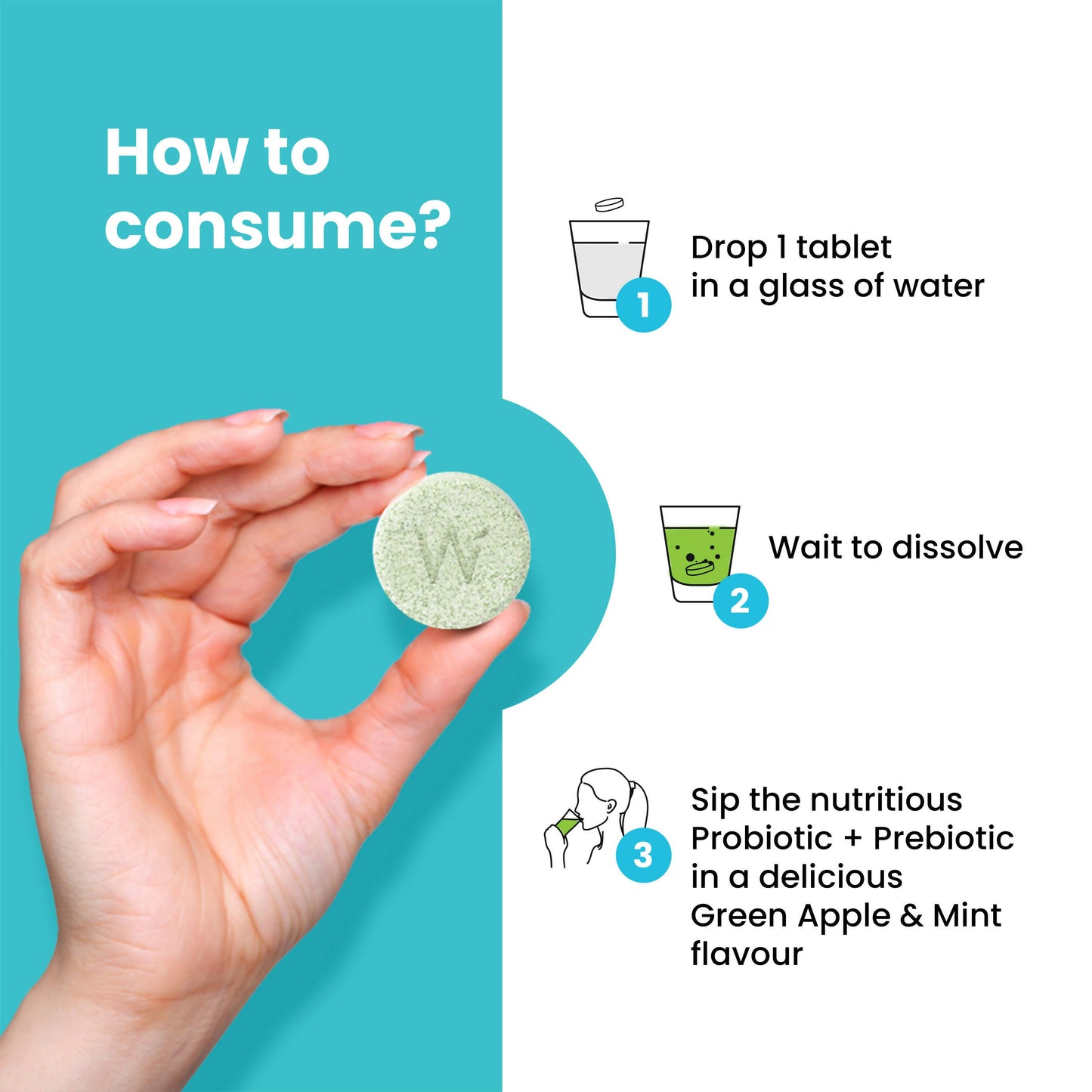 Wellbeing Nutrition Probiotic + Prebiotic Effervescent Tablets-Green Apple & Mint Flavor - Indyancart
