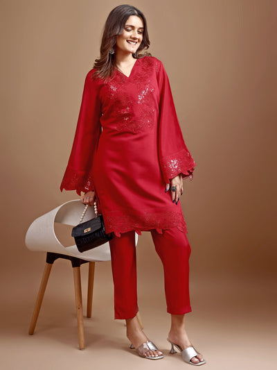 Indyancart TI Women's Red Silk Blend Heavy Sequence Work Co Ord