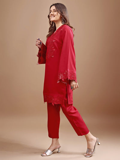 Indyancart TI Women's Red Silk Blend Heavy Sequence Work Co Ord