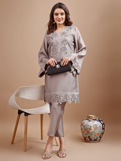 Indyancart TI Women's Grey Silk Blend Tonal Sequins Embroidered Kurta with Pant