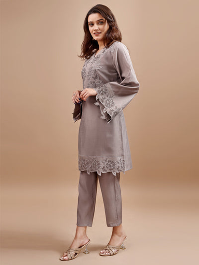 Indyancart TI Women's Grey Silk Blend Tonal Sequins Embroidered Kurta with Pant