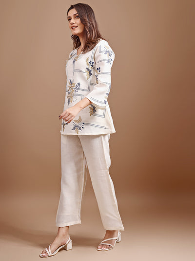 Indyancart TI Women's Off White Linen Contrast Thread Embroidery Top with Palazzo