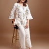 Dhiyona TI Women's Off White Linen Contrast Thread Embroidery Top with Palazzo