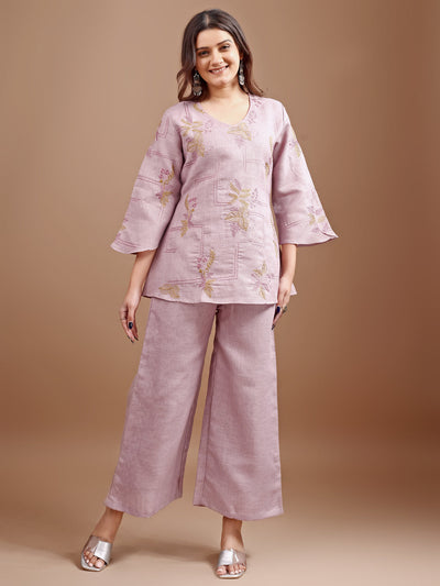 Indyancart TI Women's Mauve Linen Contrast Thread Embroidery Top with Palazzo