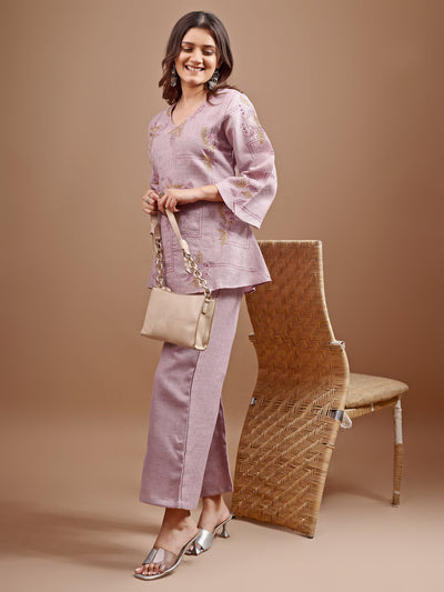 Indyancart TI Women's Mauve Linen Contrast Thread Embroidery Top with Palazzo