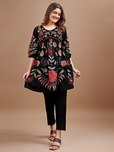 Indyancart TI Women's Black Linen Multi Thread Embroidery Flared Kurta with Pant