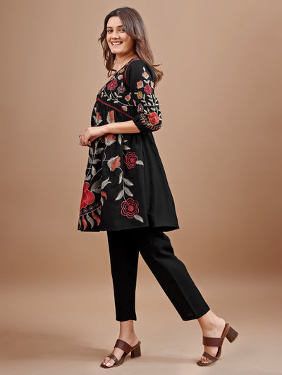 Indyancart TI Women's Black Linen Multi Thread Embroidery Flared Kurta with Pant