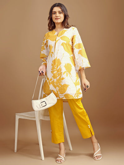Indyancart TI Women's Yellow and White Hakoba Printed Kurta with Pant