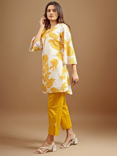 Indyancart TI Women's Yellow and White Hakoba Printed Kurta with Pant