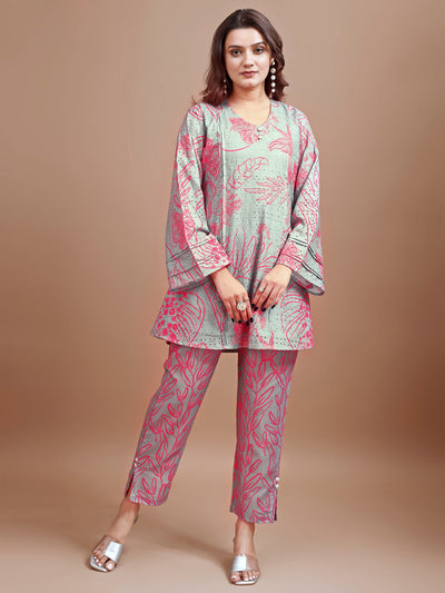 Indyancart TI Women's Dusty Grey Hakoba Printed Kurta with Pant
