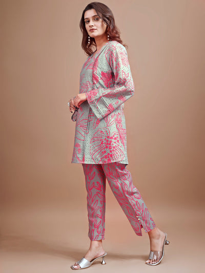 Indyancart TI Women's Dusty Grey Hakoba Printed Kurta with Pant
