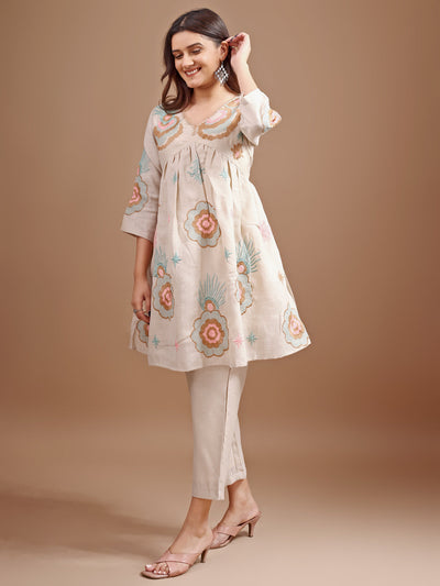 Indyancart TI Women's Beige Linen Multi Thread Embroidery Flared Kurta with Pant