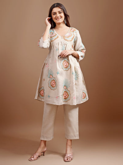 Indyancart TI Women's Beige Linen Multi Thread Embroidery Flared Kurta with Pant
