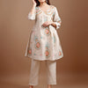 Dhiyona TI Women's Beige Linen Multi Thread Embroidery Flared Kurta with Pant
