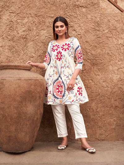 Indyancart TI Women's Women's White Embroidered A Line Fit Kurta with Pant