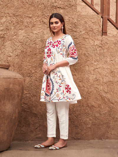 Indyancart TI Women's Women's White Embroidered A Line Fit Kurta with Pant
