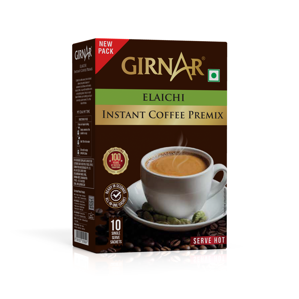 Girnar instant premix coffee powder with elaichi, showing a close-up of the coffee mix with cardamom flavor.