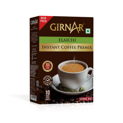 Girnar instant premix coffee powder with elaichi, showing a close-up of the coffee mix with cardamom flavor.