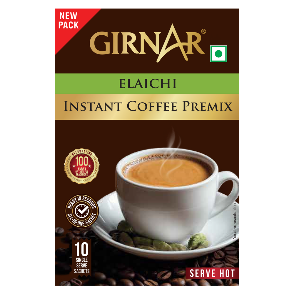 Girnar instant premix coffee powder with elaichi, showing a cup of prepared coffee with cardamom flavor, in a clear glass.