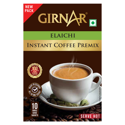 Girnar instant premix coffee powder with elaichi, showing a cup of prepared coffee with cardamom flavor, in a clear glass.