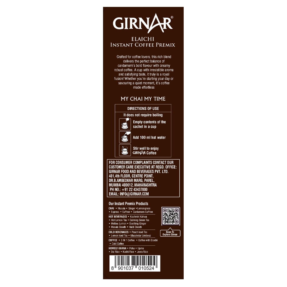 Girnar instant premix coffee with elaichi, showing a cup of coffee with cardamom flavor and the packaging of Girnar coffee powder.