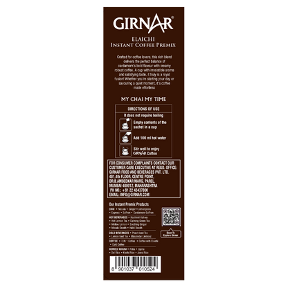 Girnar instant premix coffee with elaichi, showing a cup of coffee with cardamom flavor and the packaging of Girnar coffee powder.