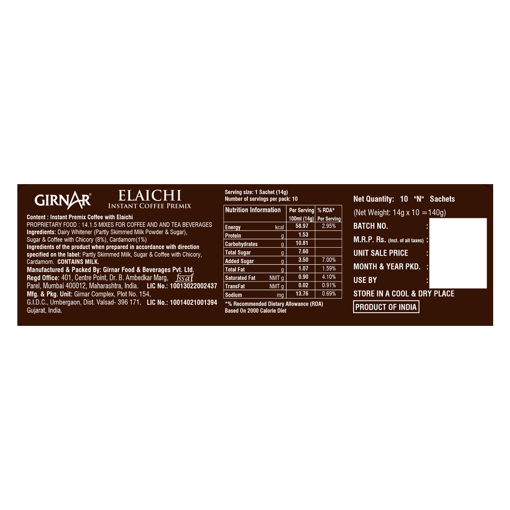 Girnar instant premix coffee powder with elaichi, showing a cup of prepared coffee with cardamom flavor and coffee sachets.