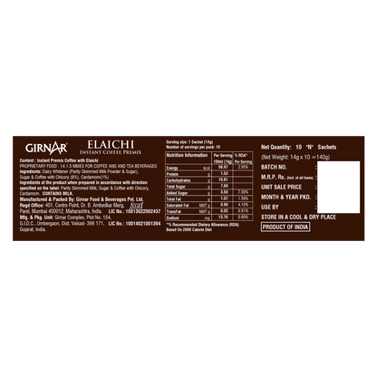 Girnar instant premix coffee powder with elaichi, showing a cup of prepared coffee with cardamom flavor and coffee sachets.