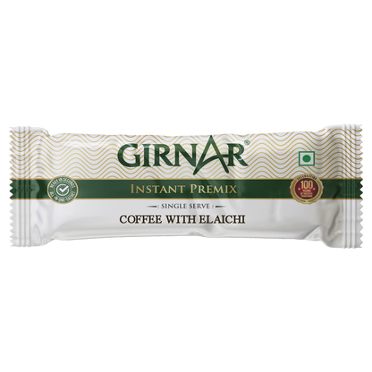 Girnar instant premix coffee with elaichi in a packet, showcasing coffee powder blended with cardamom flavor.