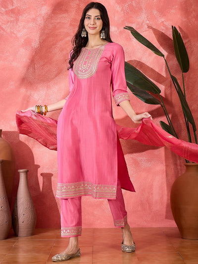 Indyancart SN Women's Floral Embroidered Kurta with Trousers & Dupatta