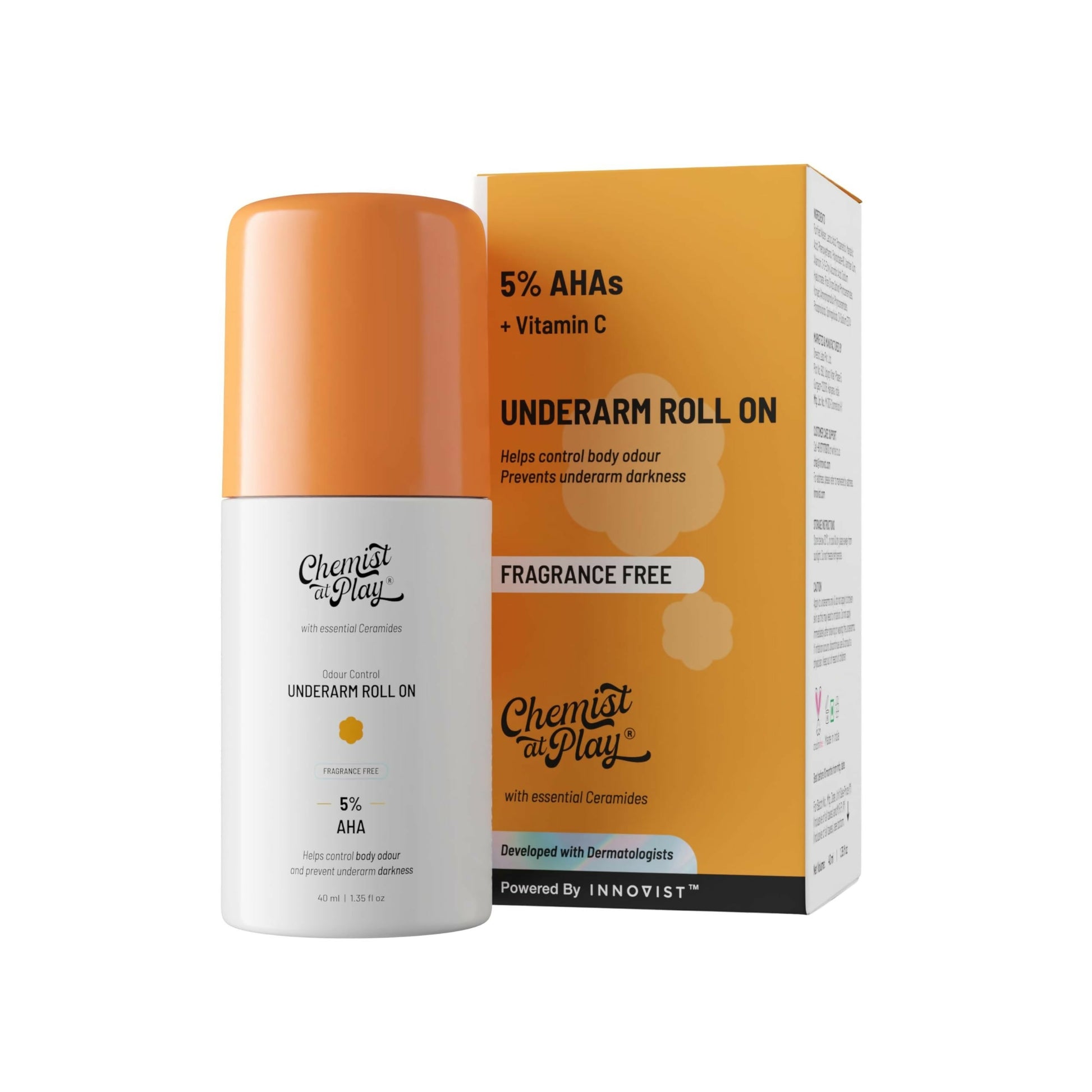 Chemist at Play Underarm Roll-On cream, fragrance-free, brightens skin, exfoliates, prevents body odour, for smooth underarms.