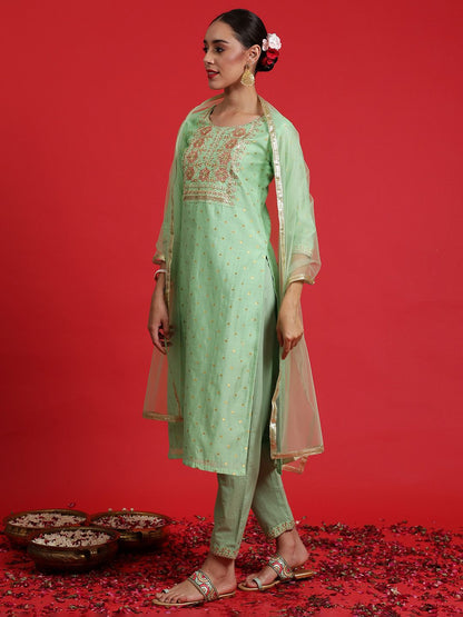 Indyancart IE Women Floral Embroidered Regular Thread Work Chanderi Silk Kurta with Trousers & With Dupatta
