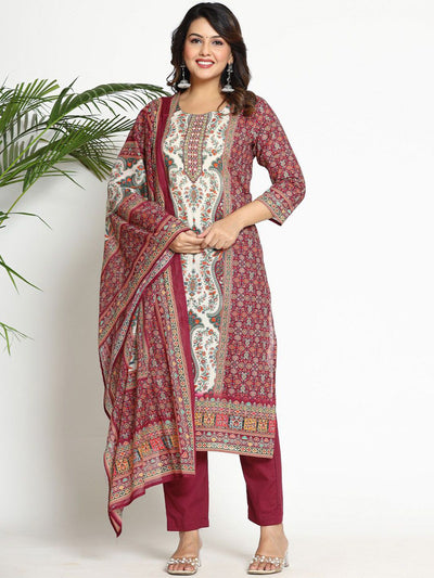 Indyancart VA Women's Paisley Printed Regular Beads and Stones Pure Cotton Kurta with Trousers & With Dupatta