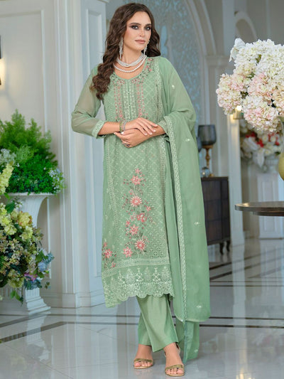 Indyancart IE Adults-Women Woven Design Embroidered Kurta with Trousers & Dupatta