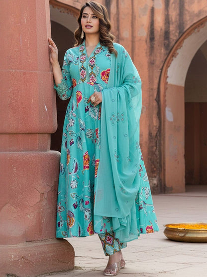 Floral Printed Tiered Mirror Work Pure Cotton Kurta With Trousers & Dupatta