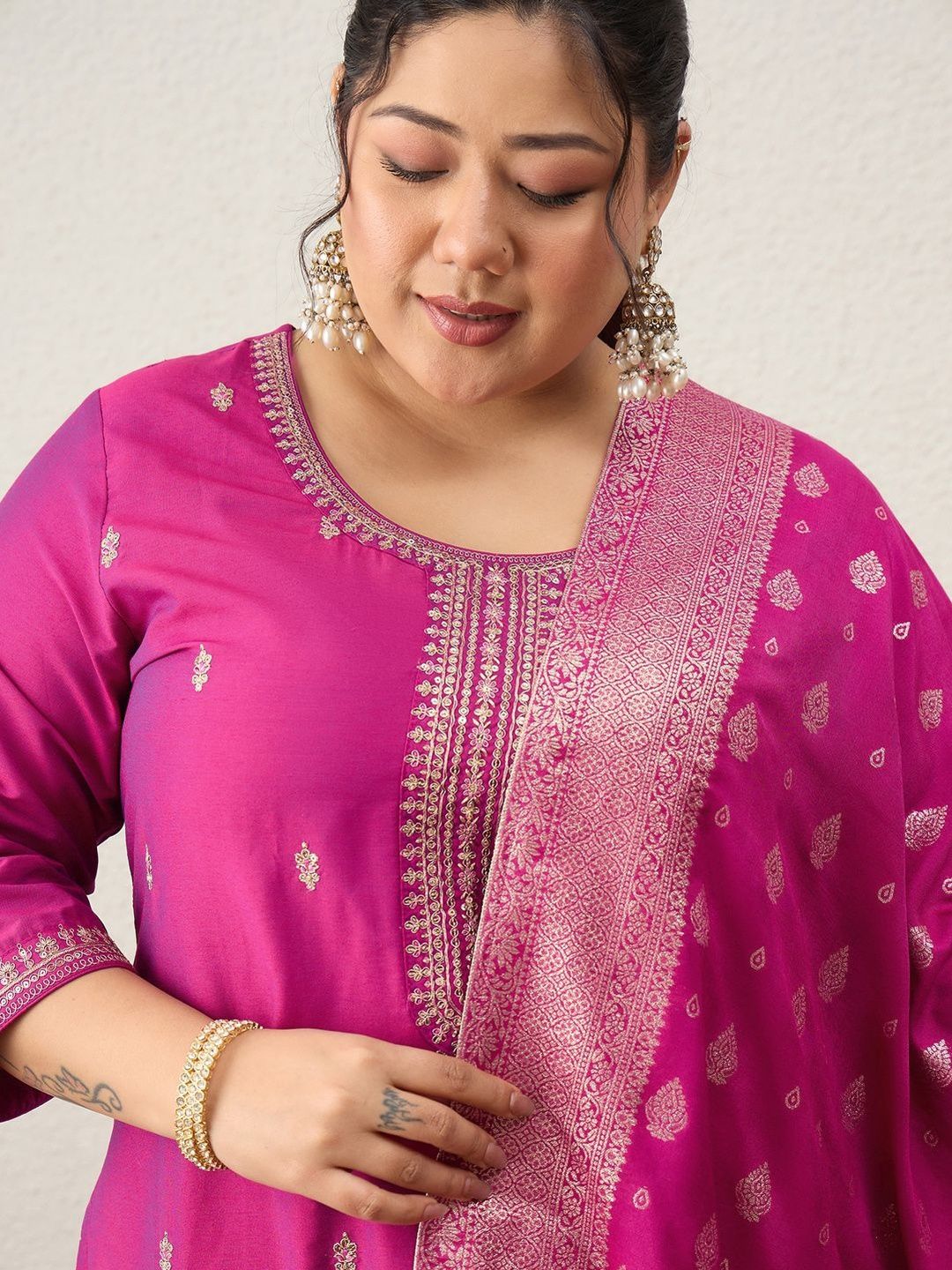 Indyancart Women's Ethnic Motifs Embroidered Regular Kurta with Trousers & With Dupatta