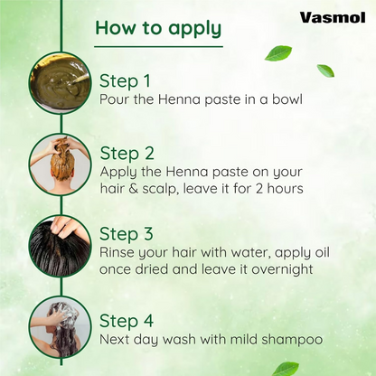 Vasmol Natural Henna Paste ready-to-use for hair coloring, with a smooth, natural greenish-brown henna paste in a container.