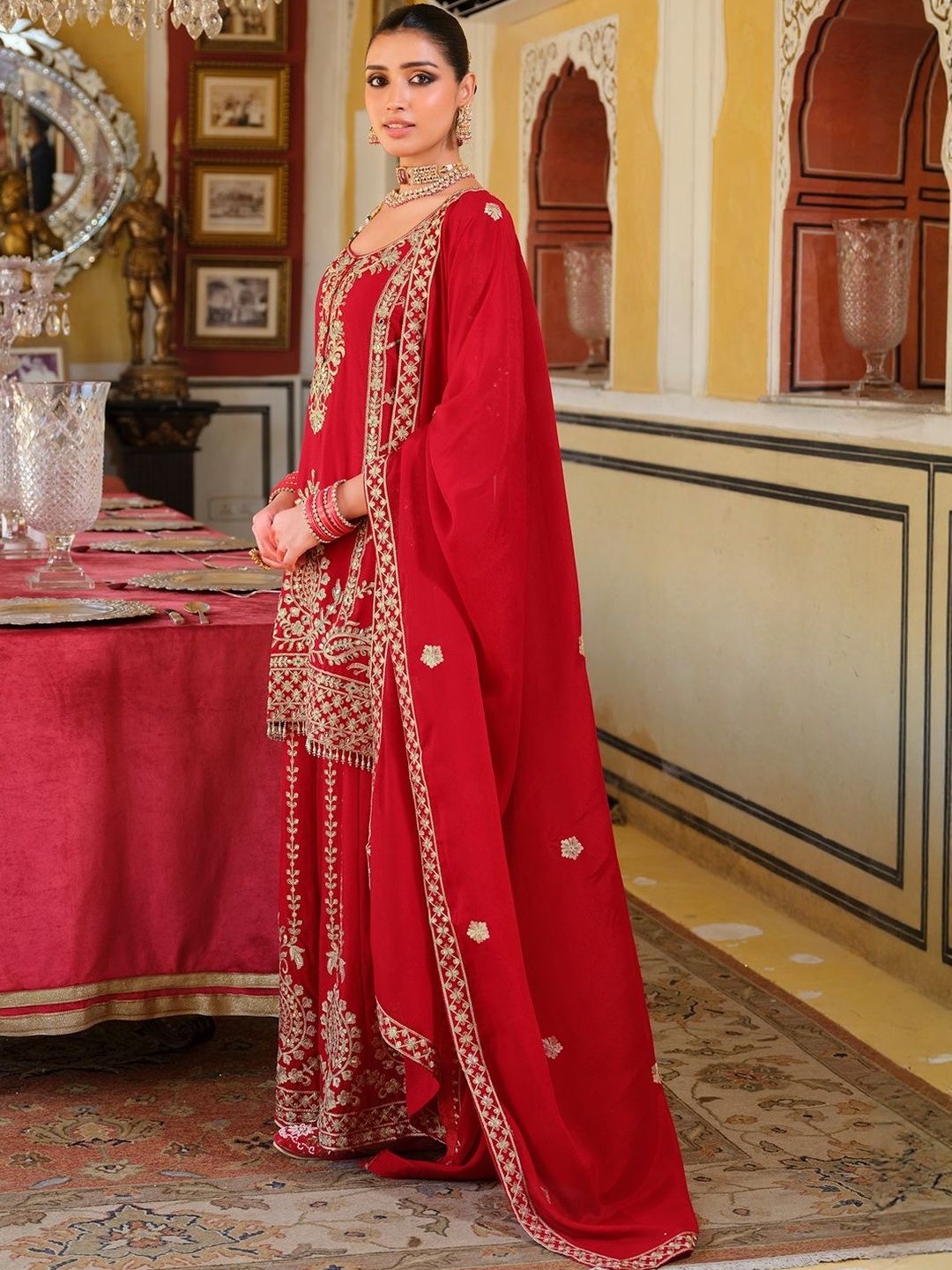 Women Ethnic Motifs Embroidered Mirror Work Kurta with Palazzos & Dupatta