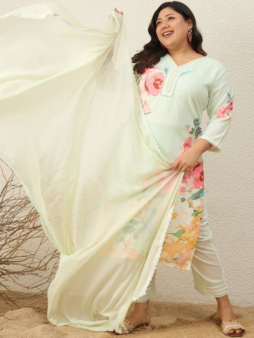 Indyancart Women's Floral Printed Regular Kurta with Trousers & With Dupatta
