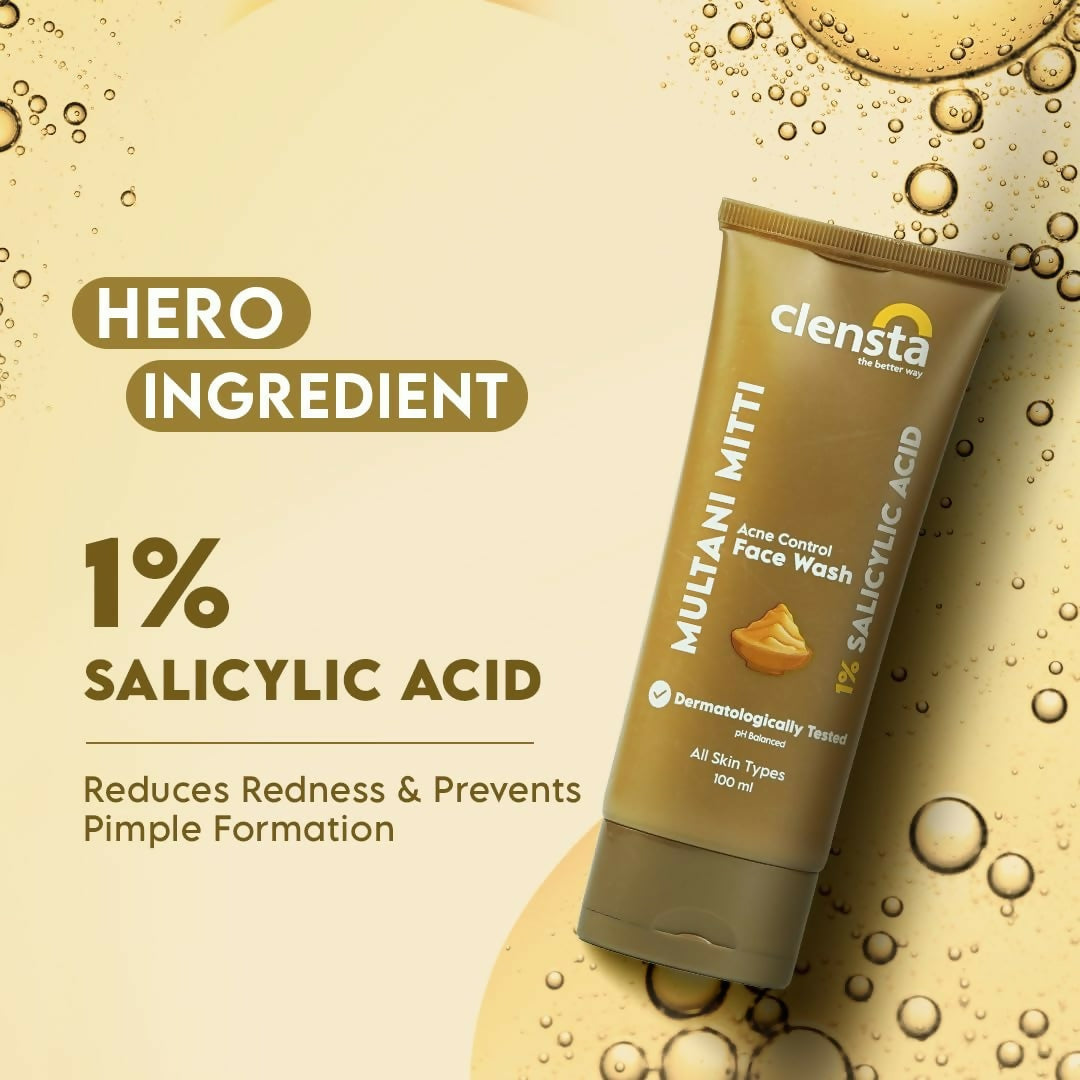 Clensta Multani Mitti Face Wash in a pump bottle, with a creamy white texture and natural ingredients for gentle cleansing.