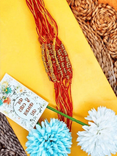 Indyancart Set Of 6 Yellow & Red Thread Rakhi With Roli Chawal Chandan Mishri