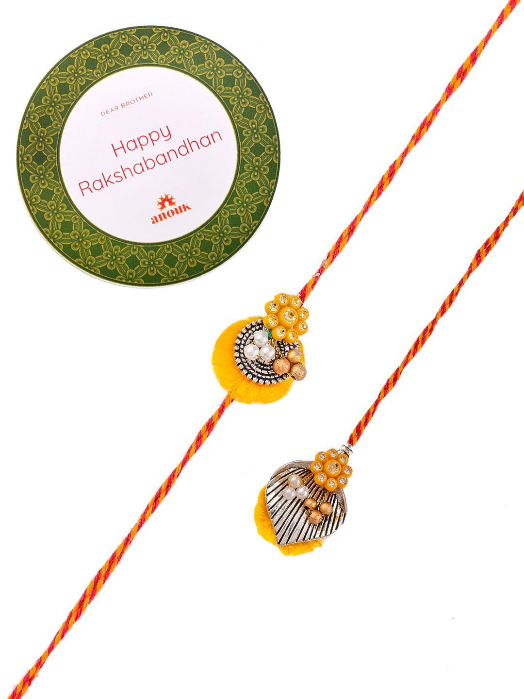 Anouk Gold Toned Beaded Bhaiya Bhabhi Thread Rakhis With Roli, Chawal & Greeting Card