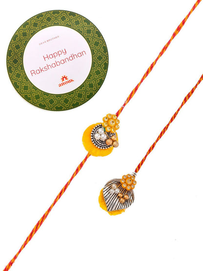 Anouk Gold Toned Beaded Bhaiya Bhabhi Thread Rakhis With Roli, Chawal & Greeting Card
