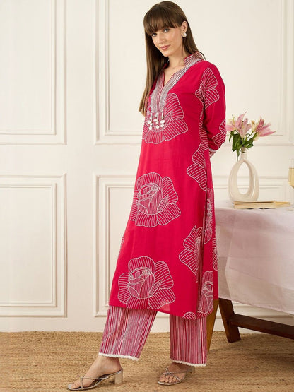 Indyancart IE Printed V-Neck Three-Quarter Sleeves Pure Cotton Tunic And Trousers
