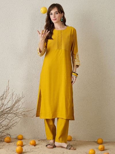 Indyancart IE Women Mustard Ethnic Motifs Embroidered Regular Straight Kurta Sets