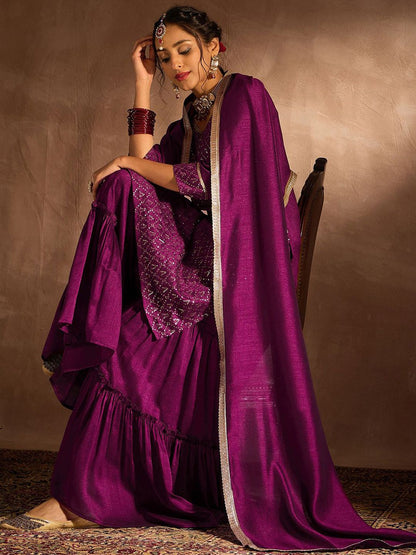 Indyancart IE Geometric Embroidered Sequinned Straight Kurta with Sharara & With Dupatta